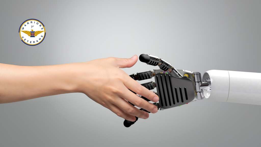 VA Drops Controversial Plan to Review 10 Years of Disability Claims: What This Means for Veterans 1 AI Robot shaking hands with human hand to show how humans at the VA wants to use AI intelligence to scan veteran DBQs