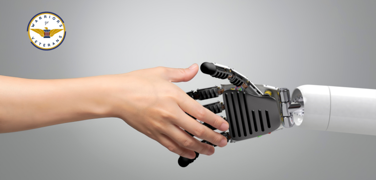 AI Robot shaking hands with human hand to show how humans at the VA wants to use AI intelligence to scan veteran DBQs