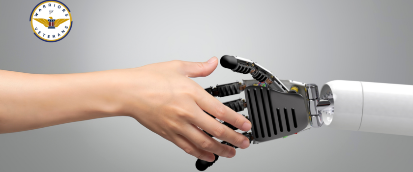 AI Robot shaking hands with human hand to show how humans at the VA wants to use AI intelligence to scan veteran DBQs